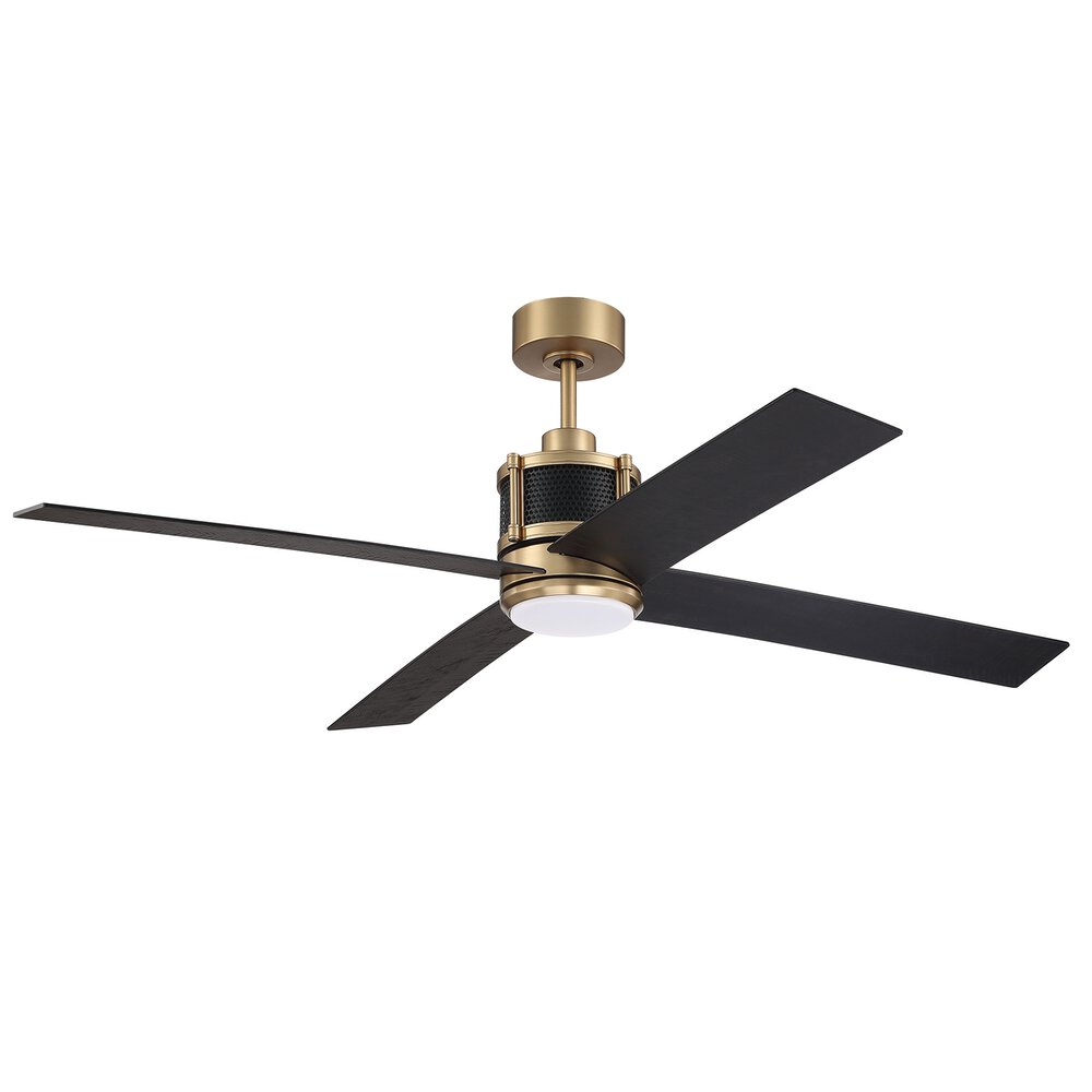56" Connery Ceiling Fan With Pull Chain And Integrated Light In Satin Brass / Flat Black And Frost White Acrylic Fixture
