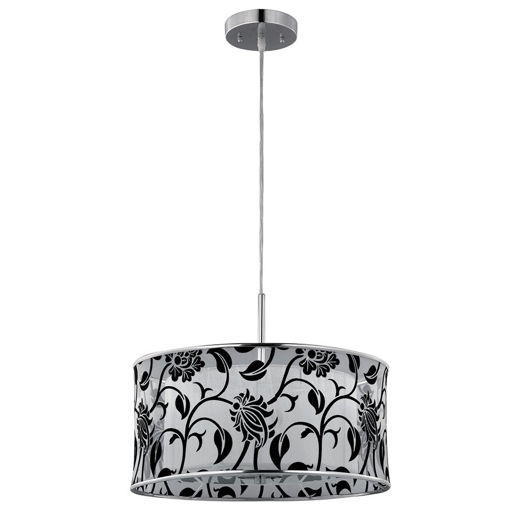15 3/4" Pendant in Chrome with Patterned Black And Gray And White Fabric