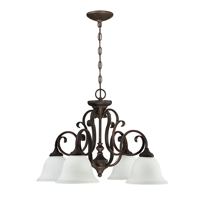 4 Light Down Chandelier in Metropolitan Bronze with White Frosted Glass