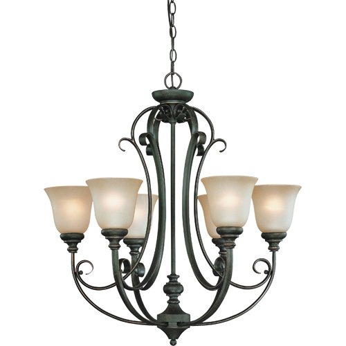27" Chandelier in Mocha Bronze with Etched; Painted Glass