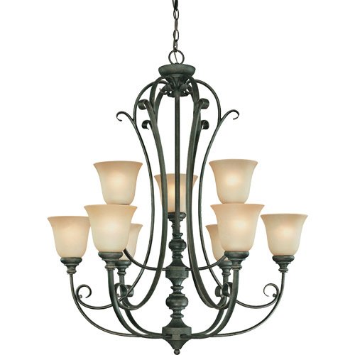 32 1/2" Chandelier in Mocha Bronze with Etched; Painted Glass