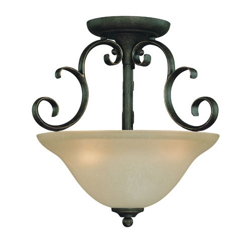 15" Semi Flush Light in Mocha Bronze with Etched; Painted Glass