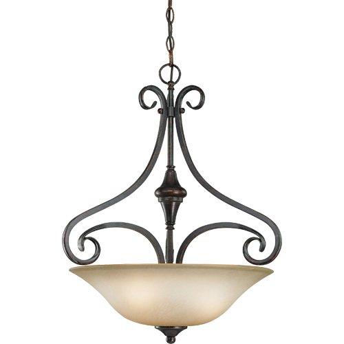 19" Pendant Light in Burnished Armor with Etched; Painted Glass