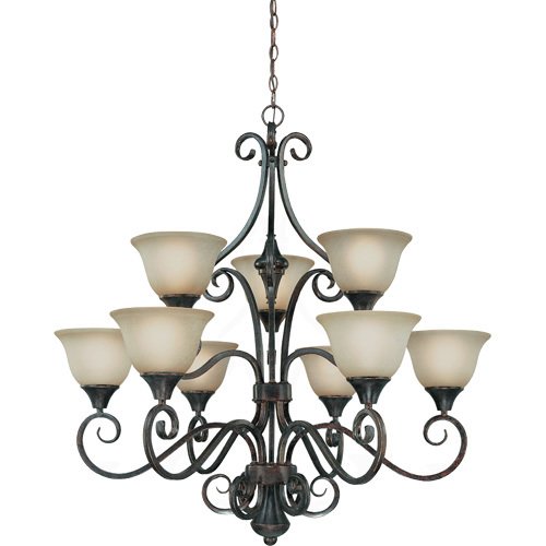 35 1/2" Chandelier in Burnished Armor with Etched; Painted Glass
