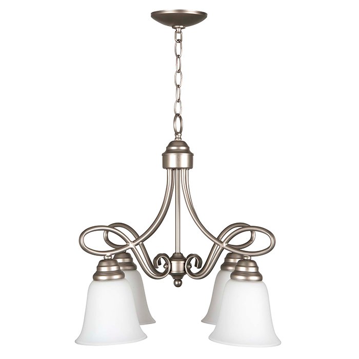4 Light Down Chandelier in Satin Nickel with White Frosted Glass