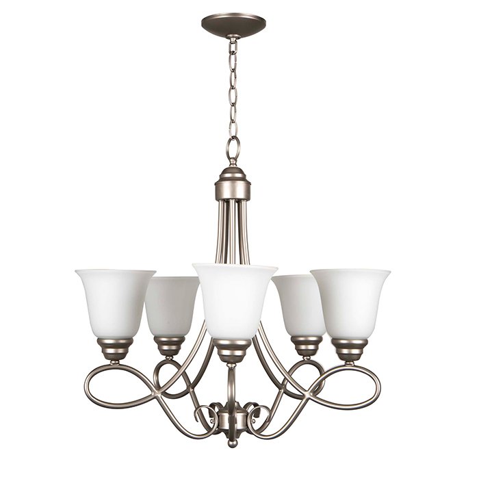 5 Light Chandelier in Satin Nickel with White Frosted Glass