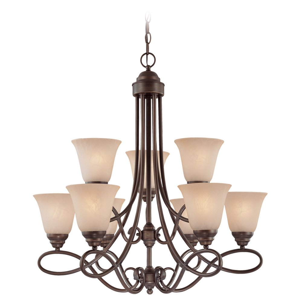 9 Light Chandelier in Oiled Bronze with White Frosted Glass