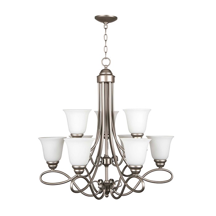 9 Light Chandelier in Satin Nickel with White Frosted Glass
