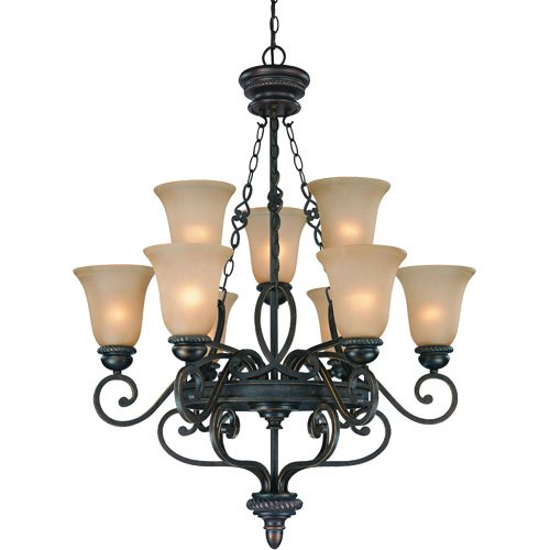 32" Chandelier in Mocha Bronze with Painted Etched Glass