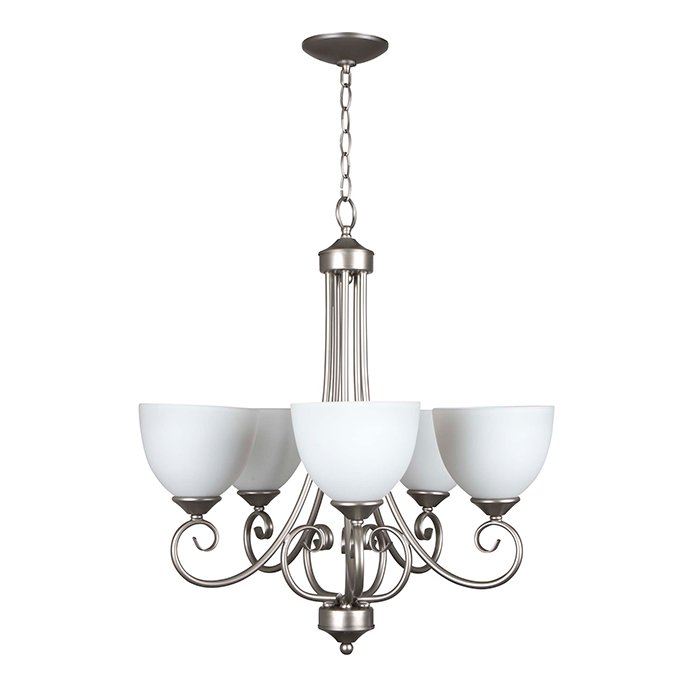 5 Light Chandelier in Satin Nickel with White Frosted Glass