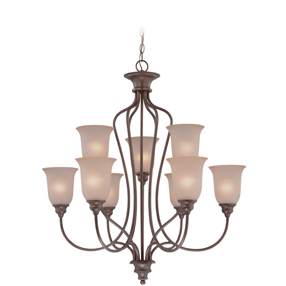 9 Light Chandelier in Oiled Bronze with Frosted Glass
