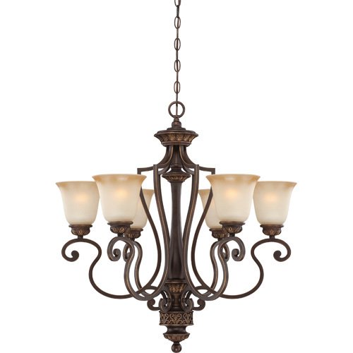 28" Chandelier in Aged Bronze with Gold with Light Teastain Glass