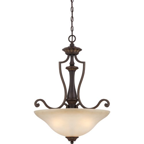 22" Pendant Light in Aged Bronze with Gold with Light Teastain Glass