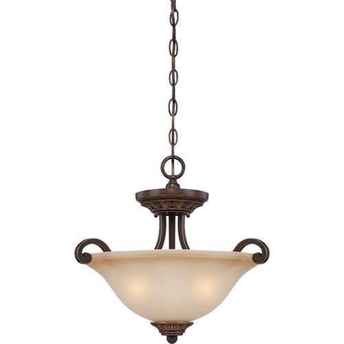 18 1/2" Convertible Pendant / Semi Flush Light in Aged Bronze with Gold with Light Teastain Glass