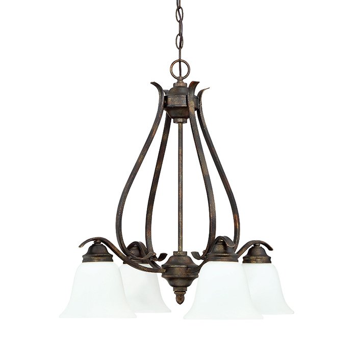 4 Light Down Chandelier in Burleson Bronze with White Frosted Glass