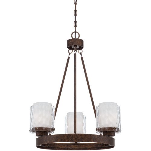 3 Light Chandelier in Peruvian Bronze and Clear Hammer and Alabaster Glass