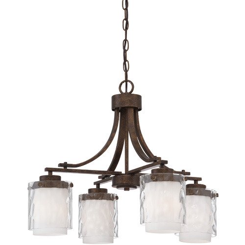 4 Downlight Chandelier in Peruvian Bronze and Clear Hammer and Alabaster Glass