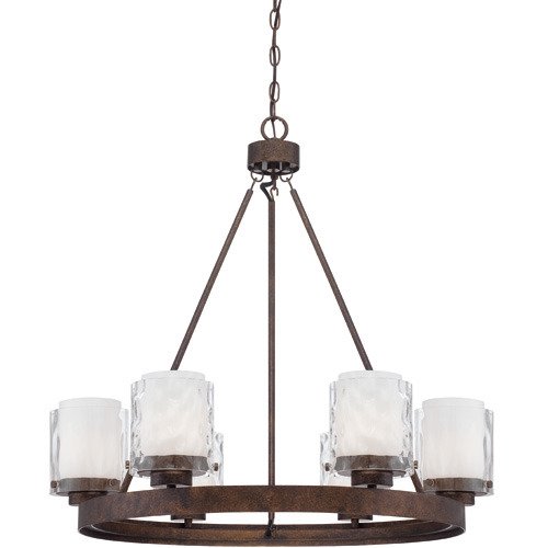 6 Light Chandelier in Peruvian Bronze and Clear Hammer and Alabaster Glass