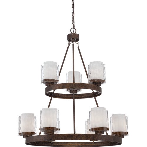 9 Light Chandelier in Peruvian Bronze and Clear Hammer and Alabaster Glass