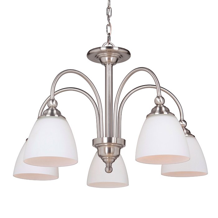 5 Light Down Chandelier in Brushed Polished Nickel with White Frosted Glass