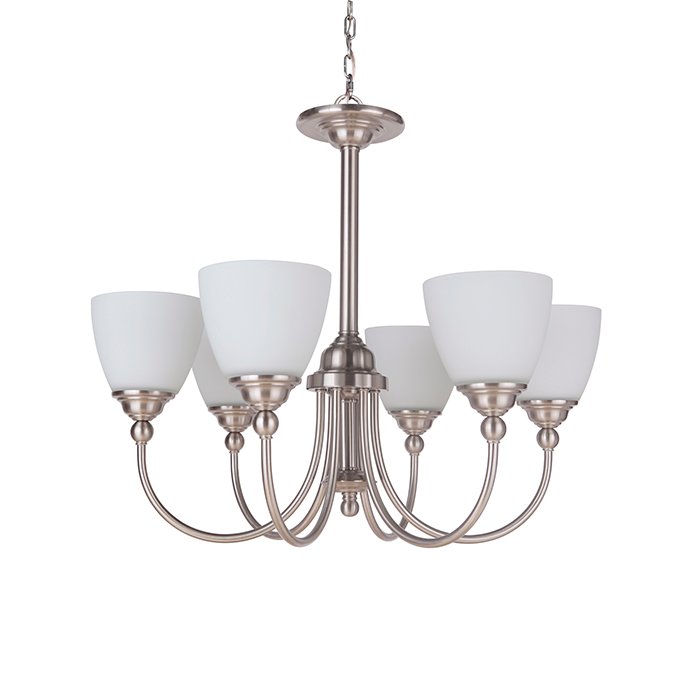 6 Light Chandelier in Brushed Polished Nickel with White Frosted Glass