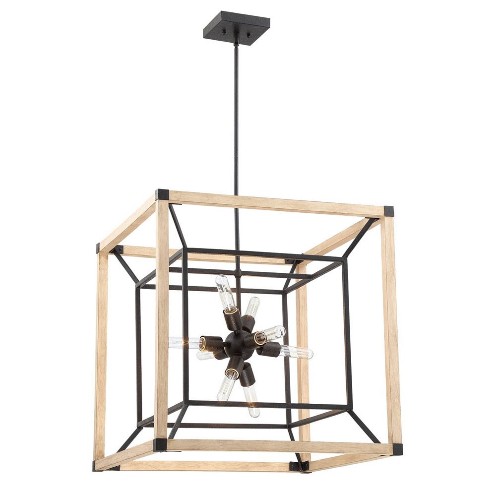 8 Light Chandelier in Textured Black with Distressed Oak