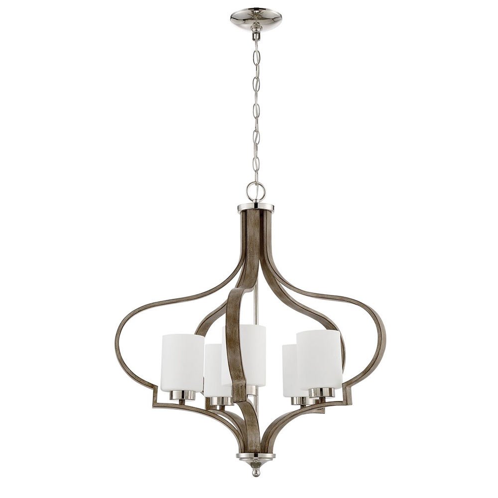5 Light Chandelier in Polished Nickel and Weathered Fir