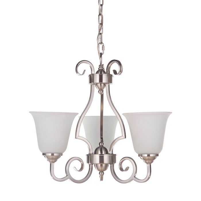 3 Light Chandelier in Brushed Satin Nickel with White Frosted Glass