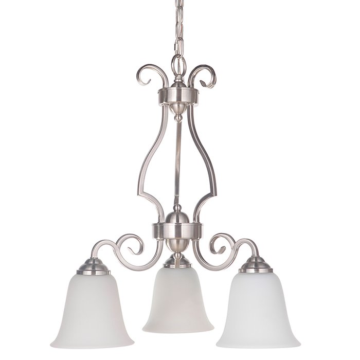 3 Light Down Chandelier in Brushed Satin Nickel with White Frosted Glass