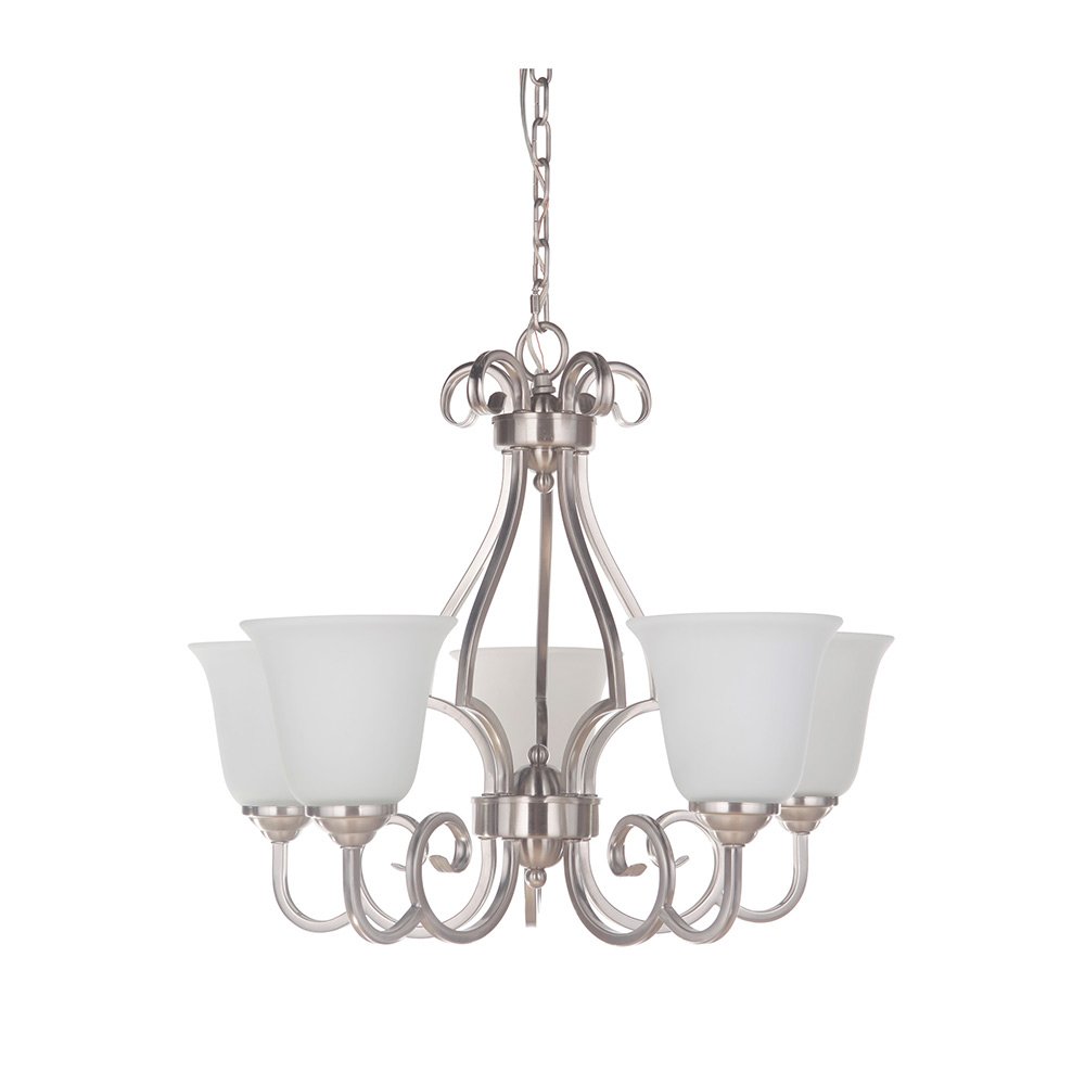 5 Light Chandelier in Brushed Satin Nickel with White Frosted Glass