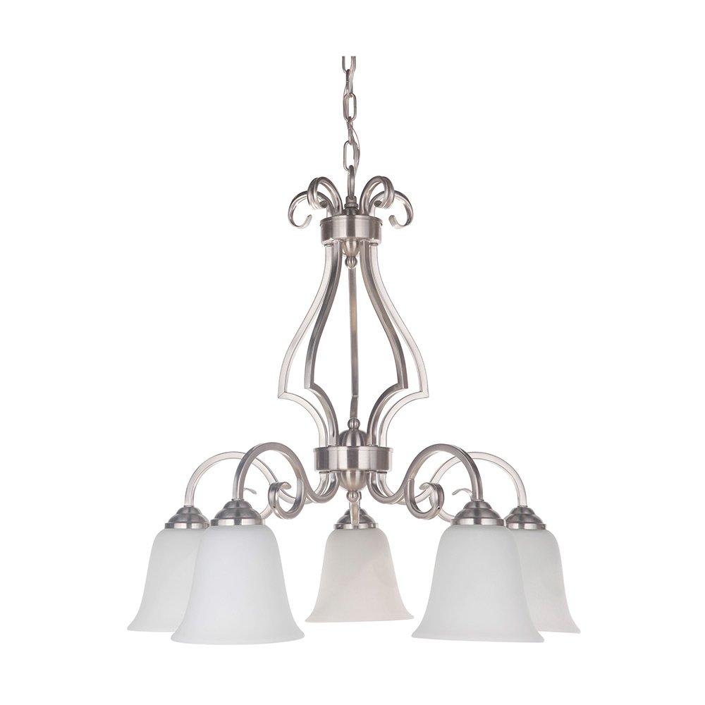 5 Light Down Chandelier in Brushed Satin Nickel with White Frosted Glass