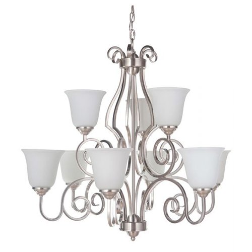 9 Light Chandelier in Brushed Satin Nickel with White Frosted Glass
