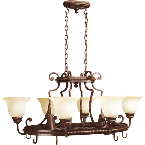 38 1/2" Chandelier with Pot Rack in Aged Bronze with Antique Scavo Glass