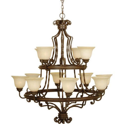 44" Chandelier in Aged Bronze with Antique Scavo Glass
