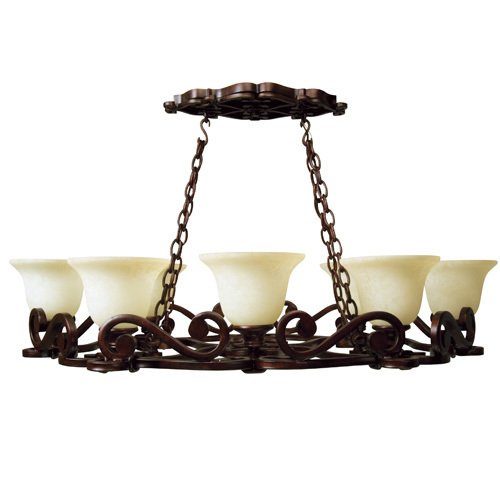 38 3/8" Chandelier with Pot Rack in Peruvian with Antique Scavo Glass