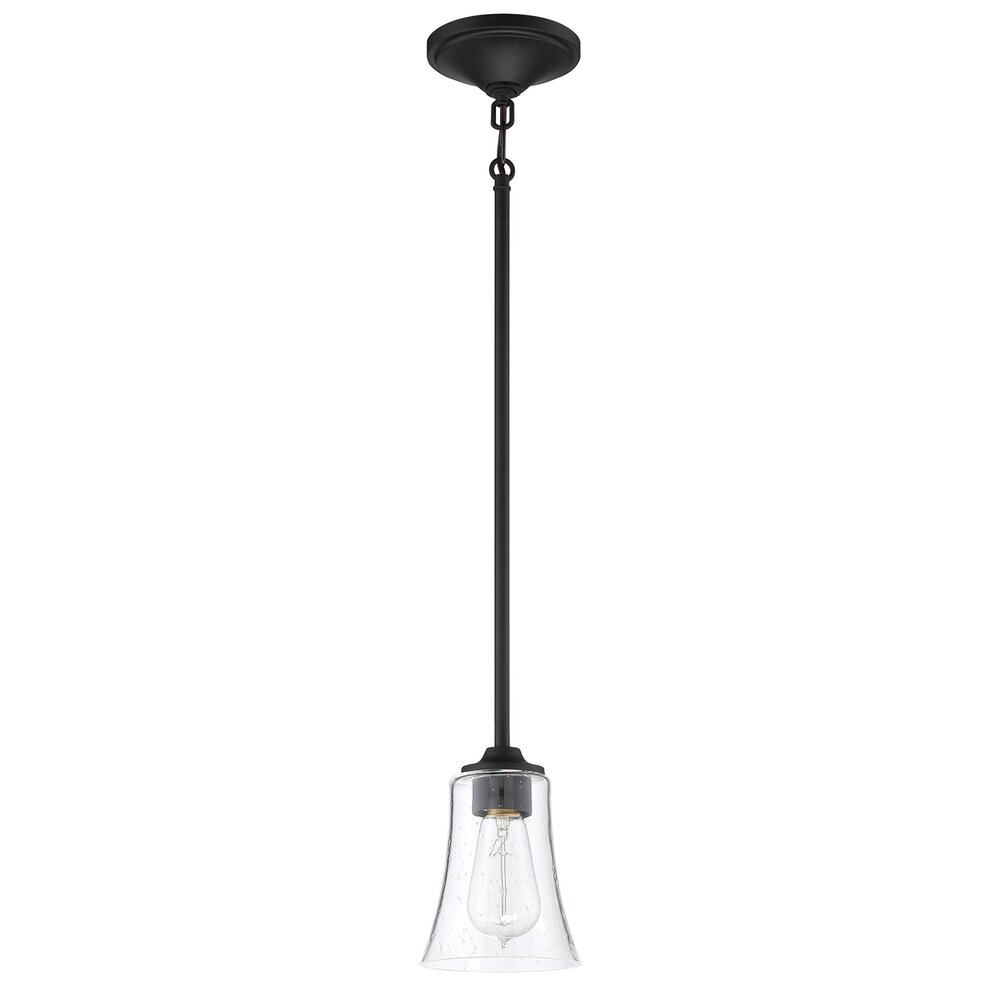 1 Light Mini Pendant In Flat Black And Seeded Glass