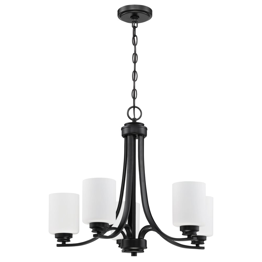 5 Light Chandelier In Flat Black And Frost White Glass