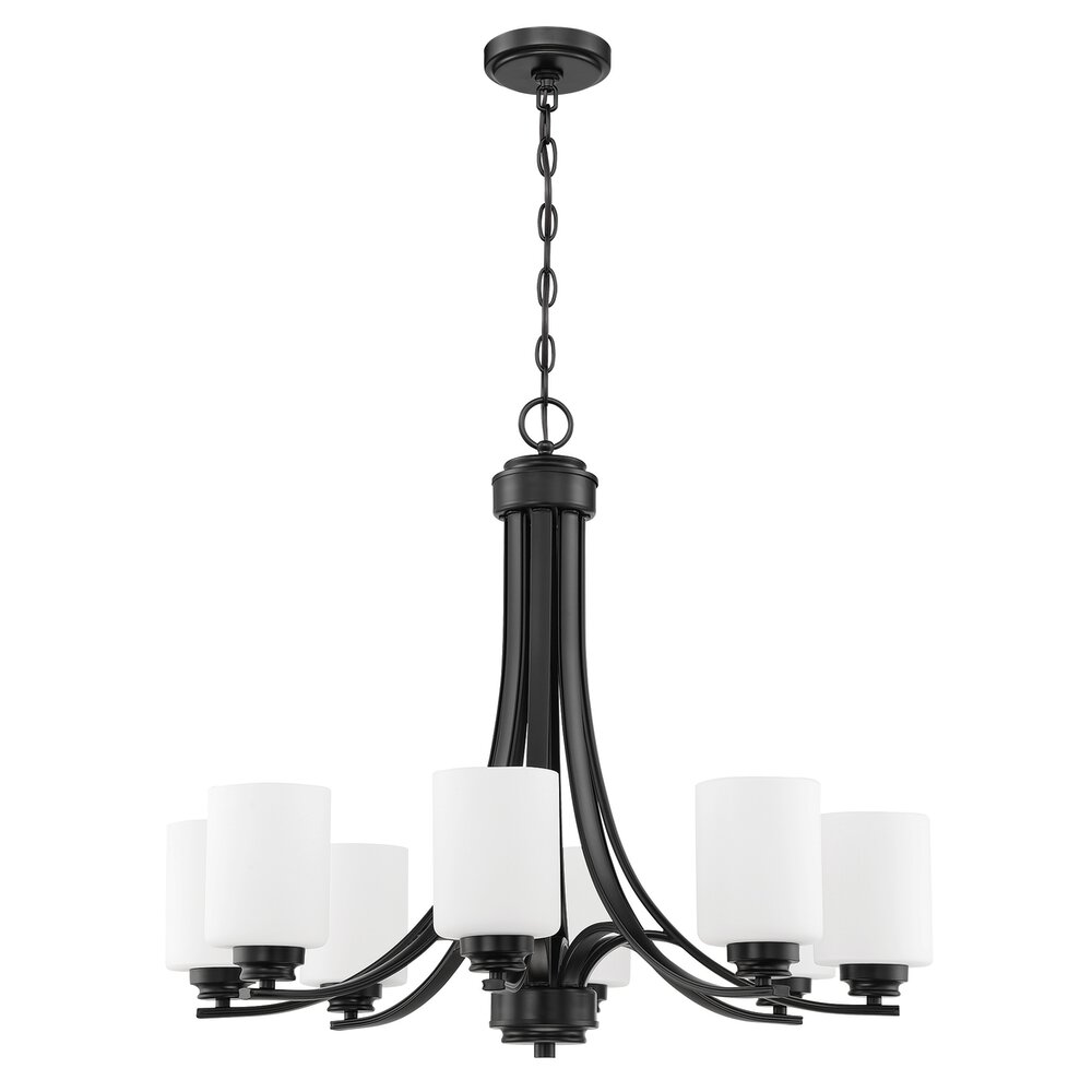 8 Light Chandelier In Flat Black And Frost White Glass