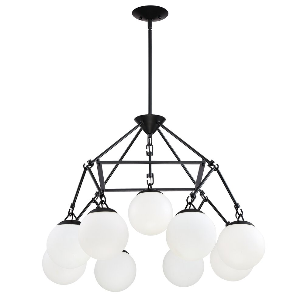 9 Light Chandelier In Flat Black And Frost White Glass