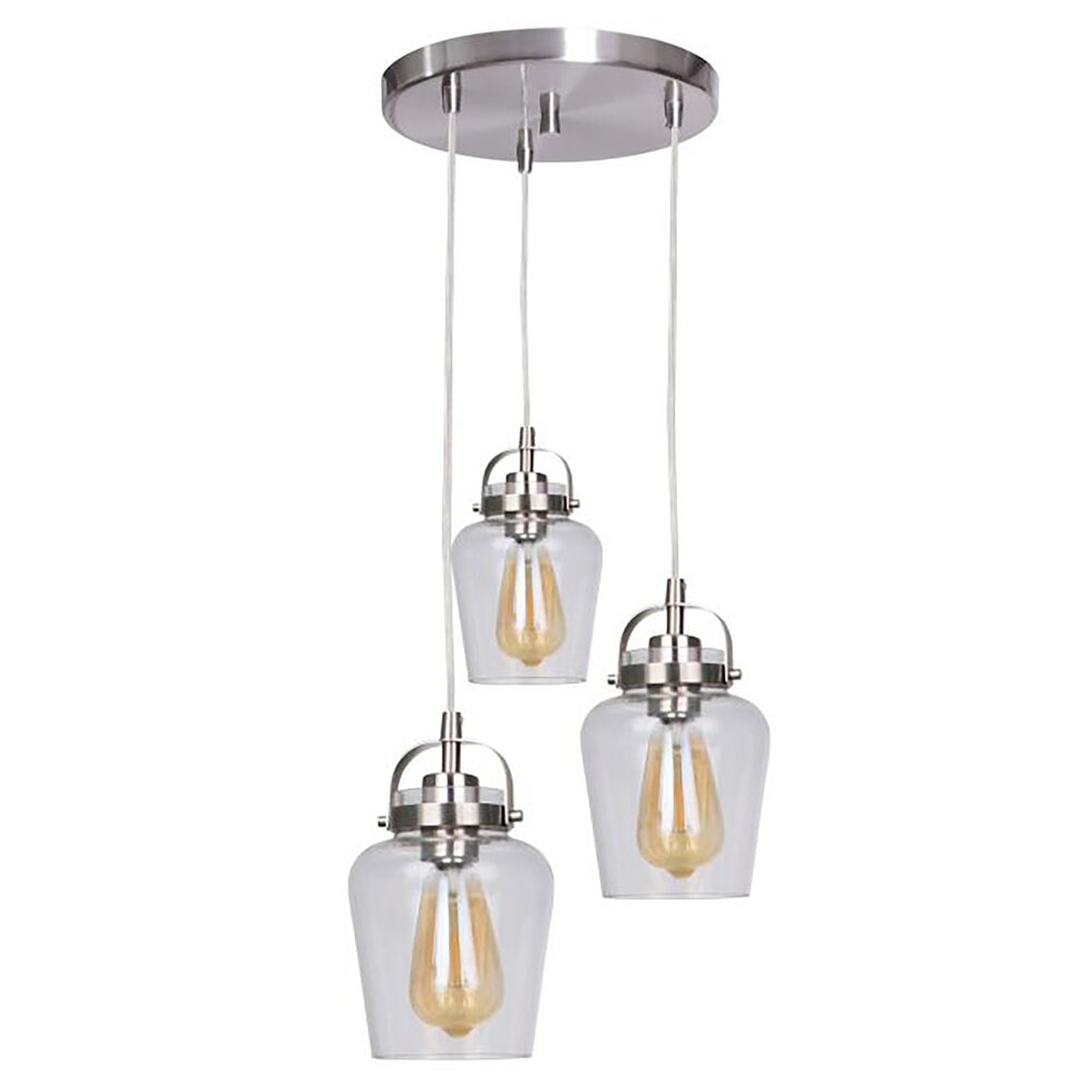 3 Light Pendant In Brushed Polished Nickel And Clear Glass