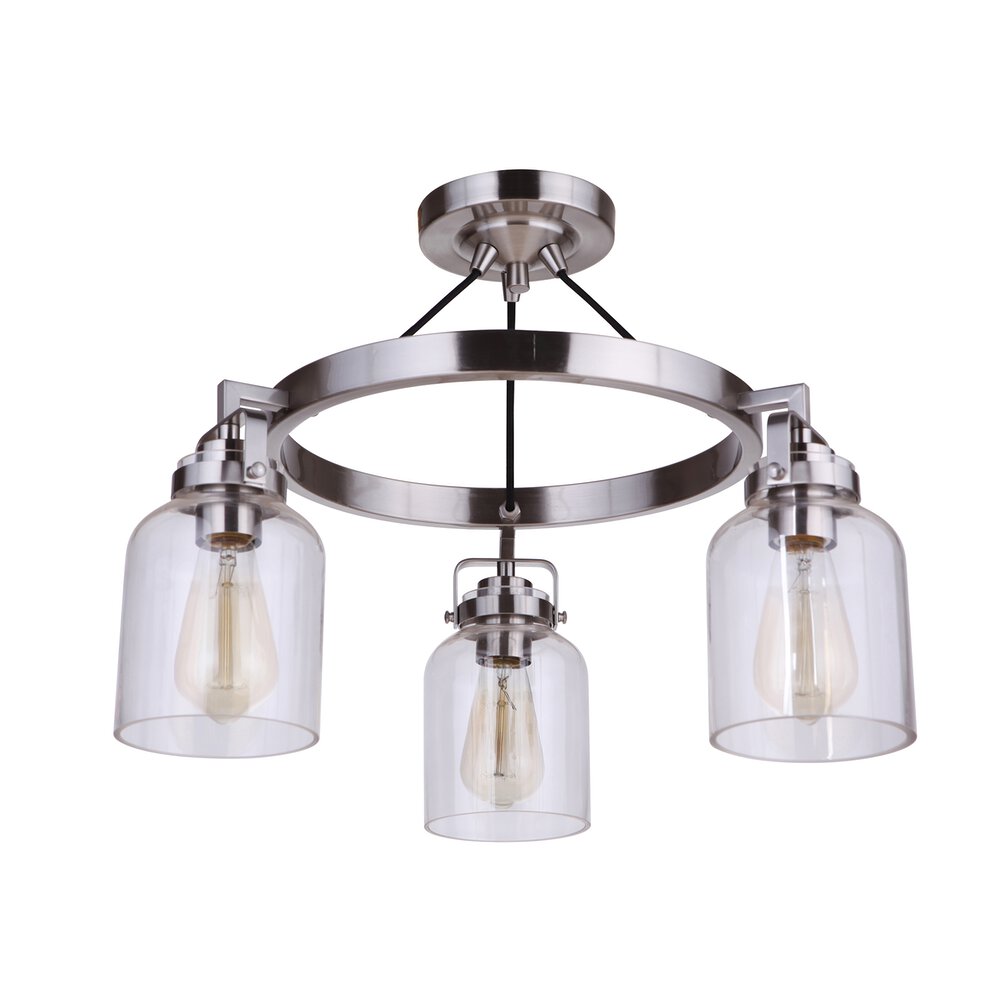 3 Light Semi Flush In Brushed Polished Nickel And Clear Glass