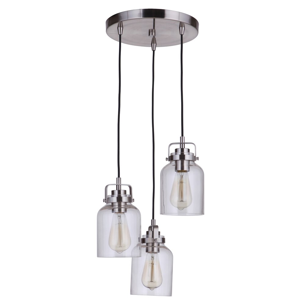 3 Light Pendant In Brushed Polished Nickel And Clear Glass