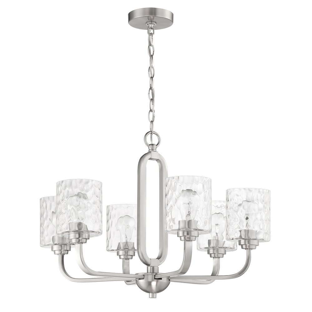 6 Light Chandelier In Brushed Polished Nickel And Hammered Glass