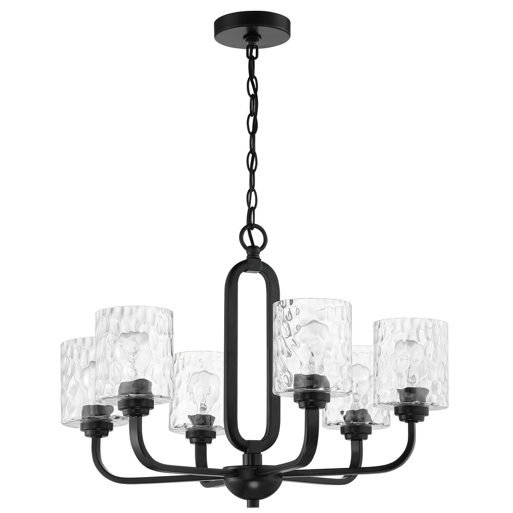 6 Light Chandelier In Flat Black And Hammered Glass