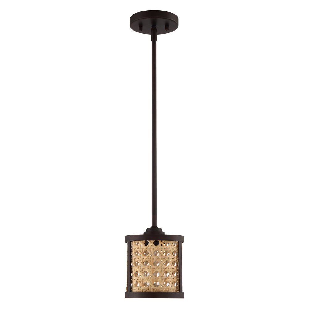 1 Light Mini Pendant In Aged Bronze Brushed And Rattan Shade