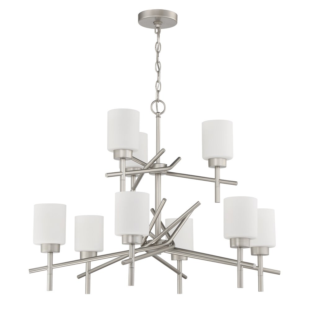 9 Light Chandelier In Satin Nickel And Frost White Glass