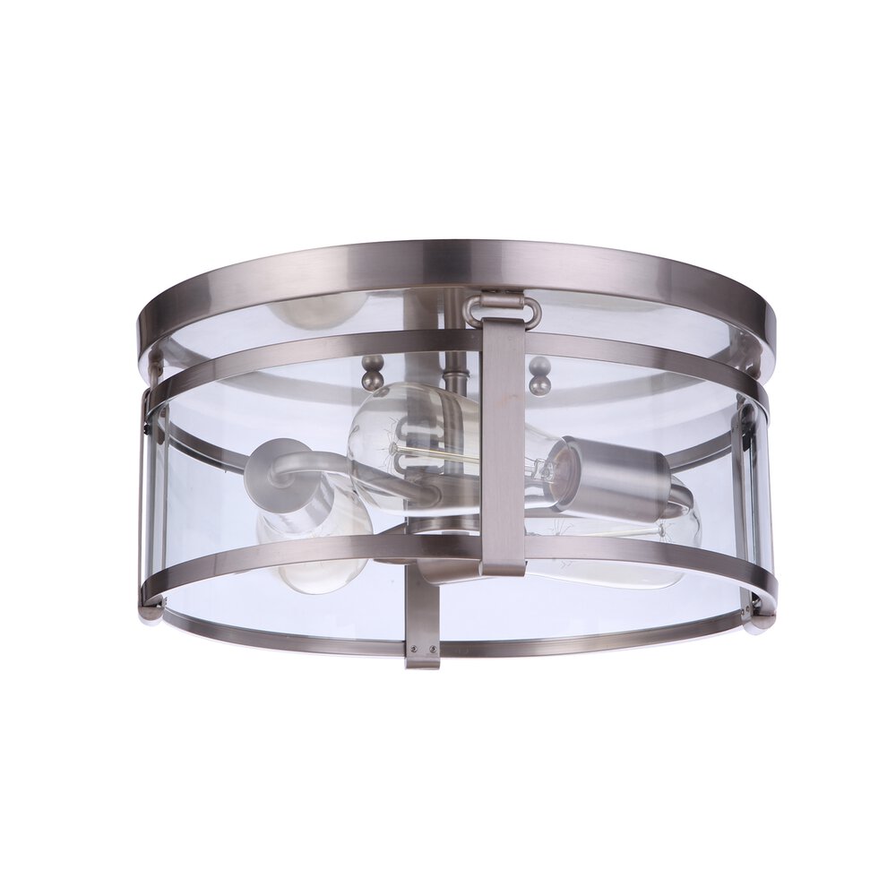 3 Light Flushmount In Brushed Polished Nickel And Clear Glass