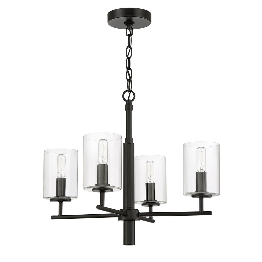 Chandelier 4 Light In Flat Black And Clear Glass