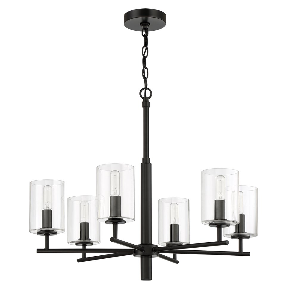 Chandelier 6 Light In Flat Black And Clear Glass