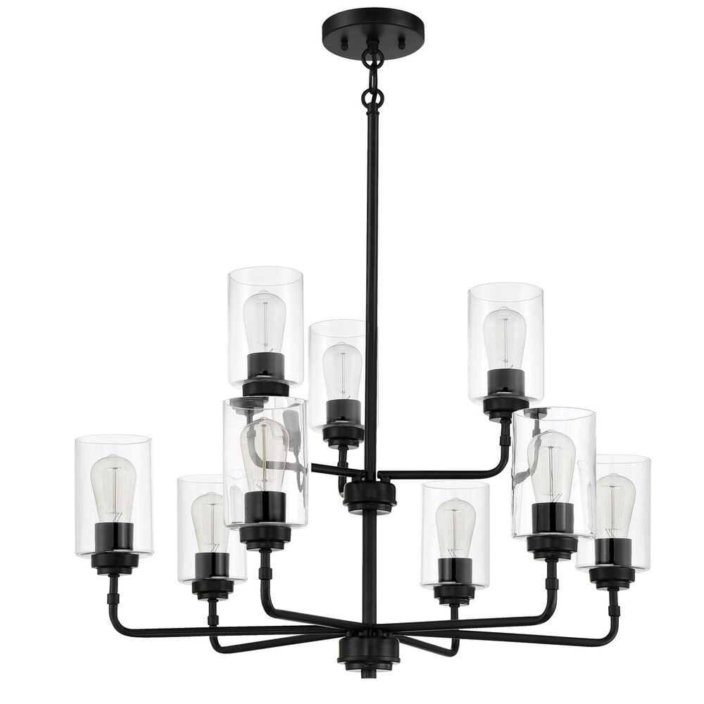 Chandelier 9 Light In Flat Black And Clear Glass